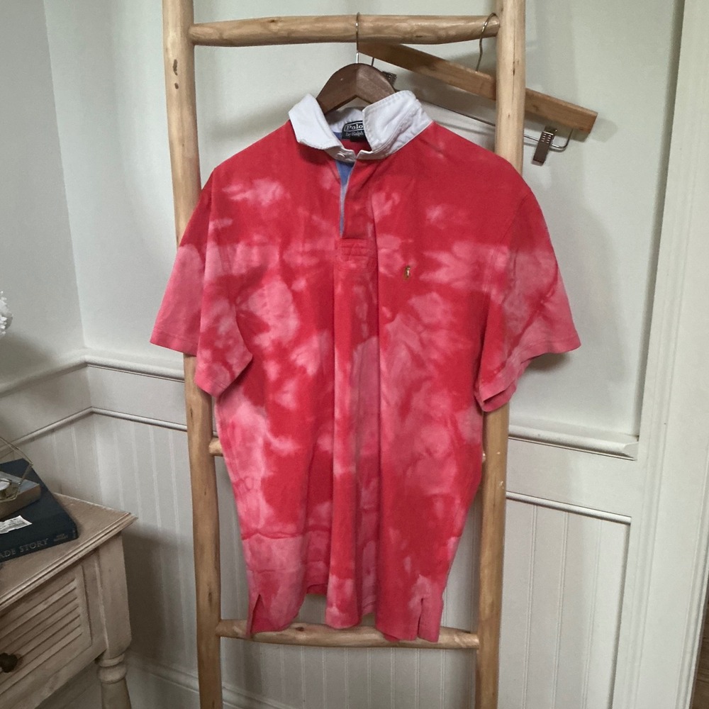 Polo Ralph Lauren Mens XL Red Tie Dye Short Sleeve Rugby Shirt Cotton Pique